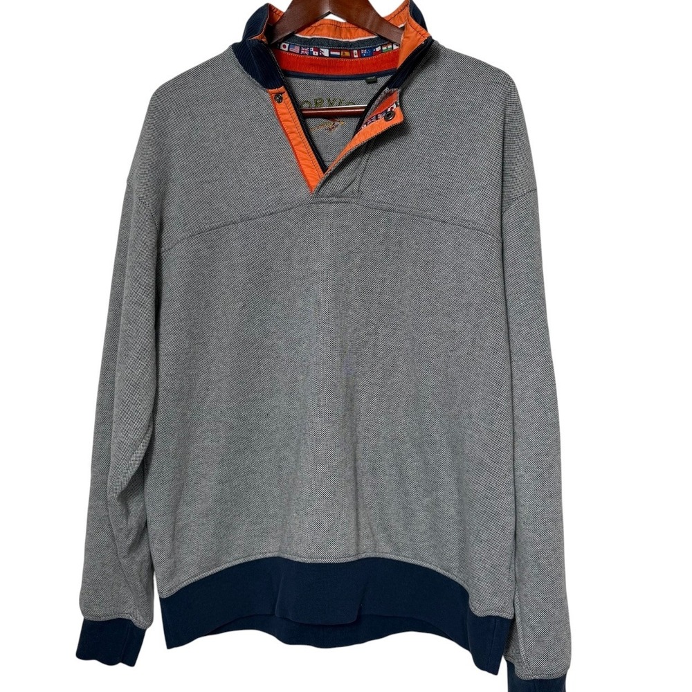 Orvis Men's Large Pullover Sweater Gray Navy Fly Fishing Flag Trim 1/4 Zip